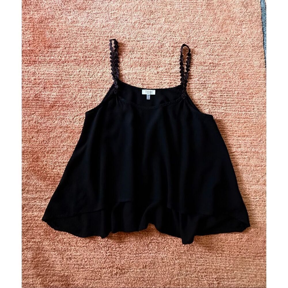 Tobi Black Flowy Cami Top Size S Lace Strap Ruffle Hem